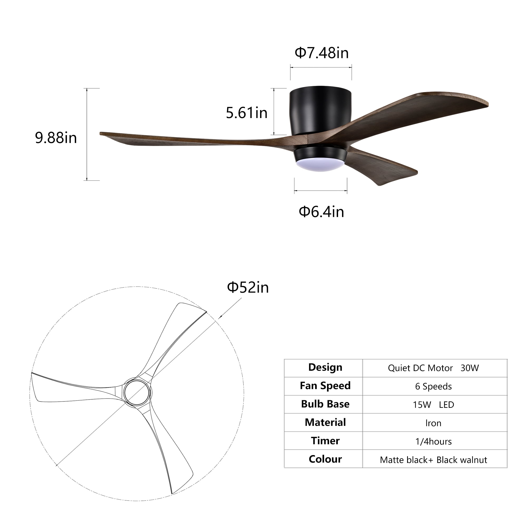 Flush Mount Ceiling Fan with Light, 52 Inch Solid Wood Blade Fan for Household Low Ceiling Room, Matte Black