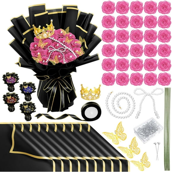 HLONK 196 Pcs DIY Glitter Roses Bouquet Artificial Flower Bouquet Kit Birthday Gifts Flower Wrapping Paper 3D Butterflies Crowns for Valentine's Day Wedding Anniversary()