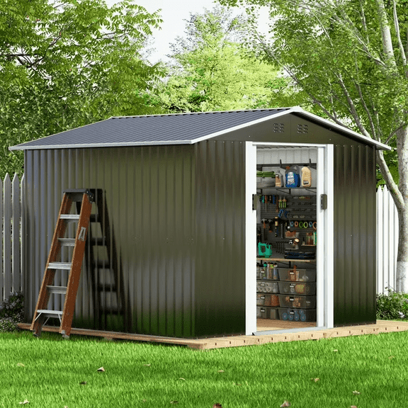 Jaxpety 8' x 8' Outdoor Storage Shed Metal Utility Tool Storage Shed w/Lockable Doors for Patio Backyard Lawn