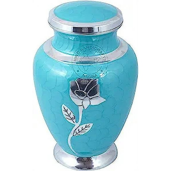 Silver Rose Engraved Cremation Urn for Human Ashes Adult Funeral Urn Handcrafted - Large Burial Urn for Human Ashes - Bag Included (200 LBS, Pearl Sky Blue)