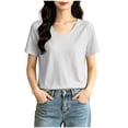 thumbnail image 3 of Fengqque Womens Short Sleeve Tops V Neck Summer T Shirt Casual Basic Tees Solid Color Trendy Tops Gray S(S), 3 of 6