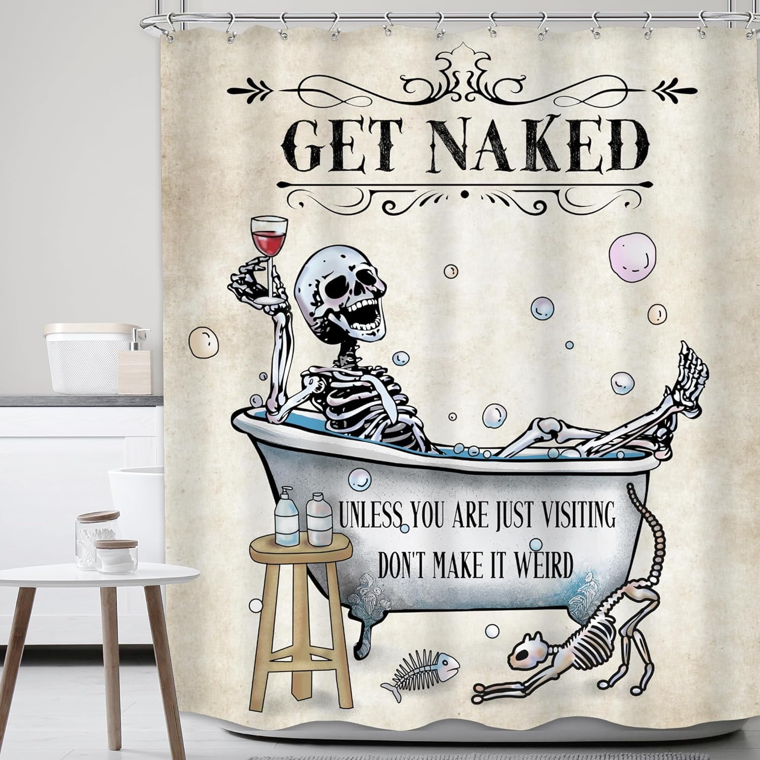 Funny Skull Skeleton Shower Curtain 72"W x 72"LGothic Spooky Bone in Bathtub Halloween Vintage Cat Fish Bubbles Horror Scary Bathroom Decor Unique Cool Bath Curtain Fabric Polyester 12 Pack Hooks