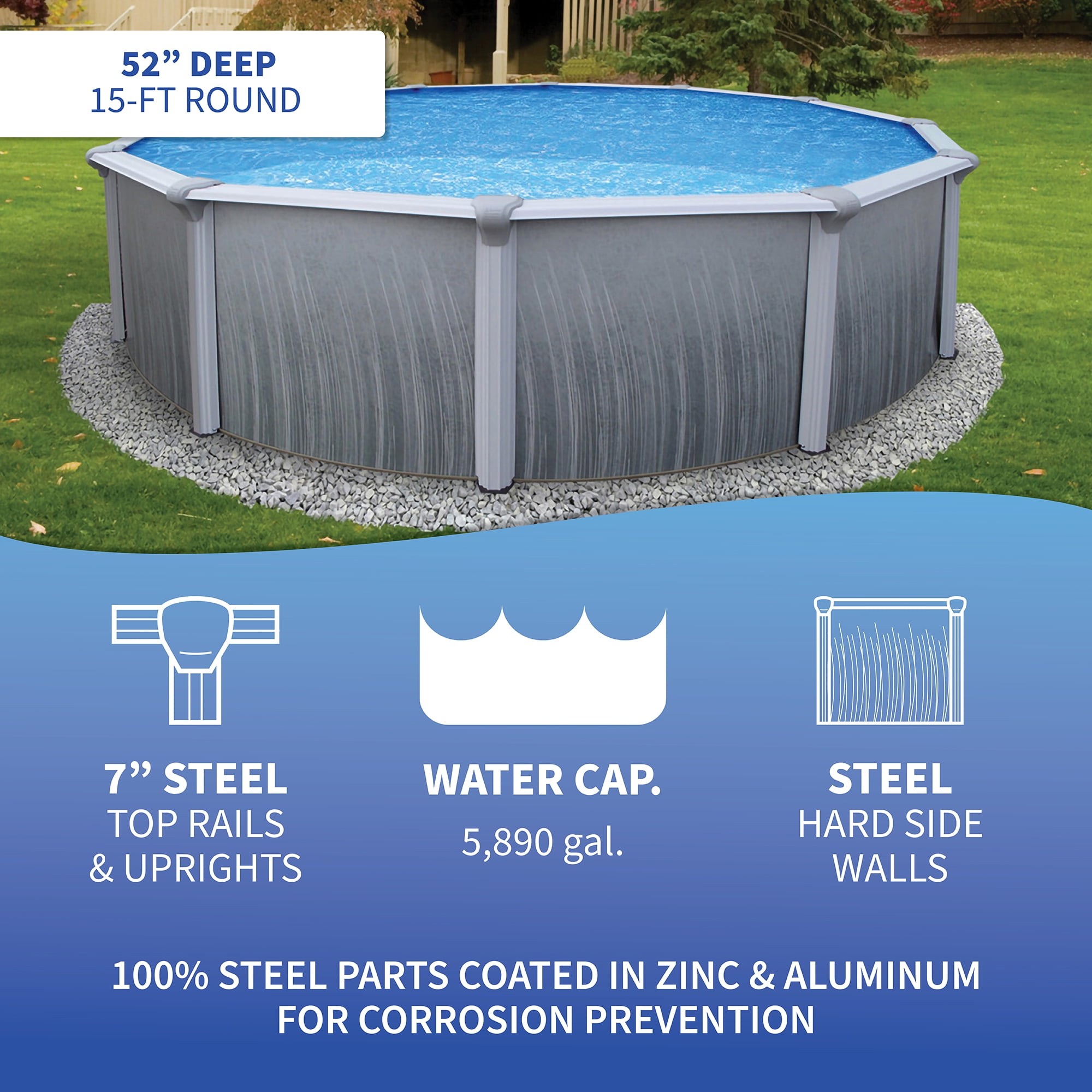 Blue Wave Martinique 15-ft Round 52-in Deep 7-in Top Rail Metal Wall Swimming Pool Package