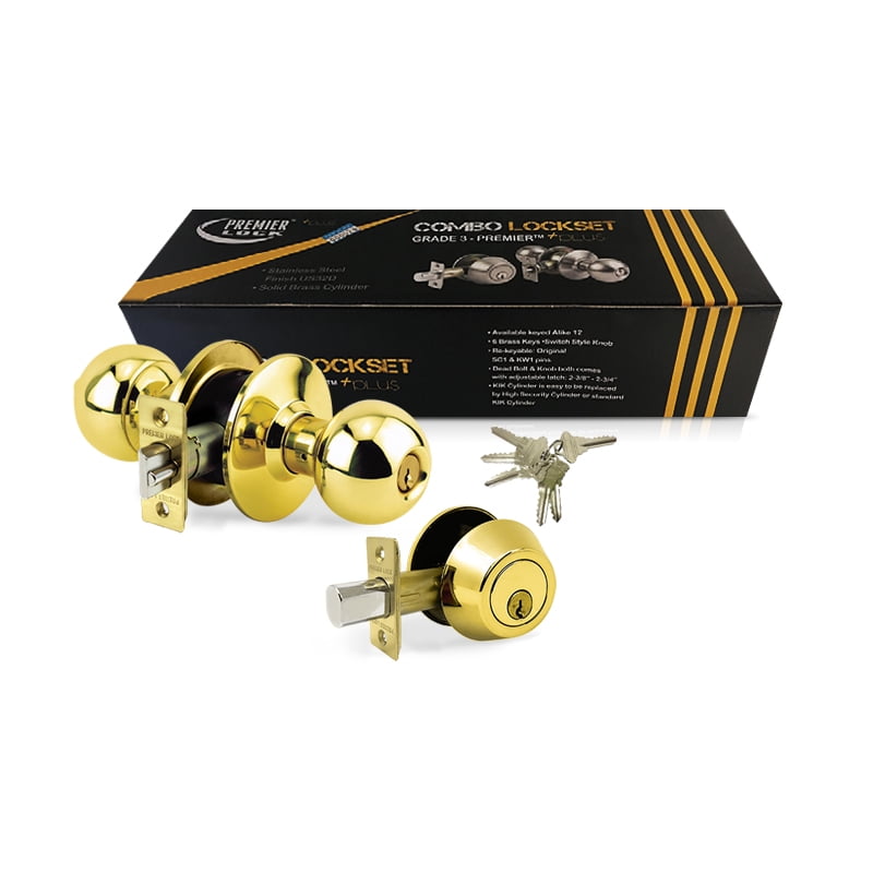 Brass Finish Grade 3 Combo Lock Set with Entry Door Knob and Deadbolt With 6 SC1 Keys - Boxed Keyed Alike