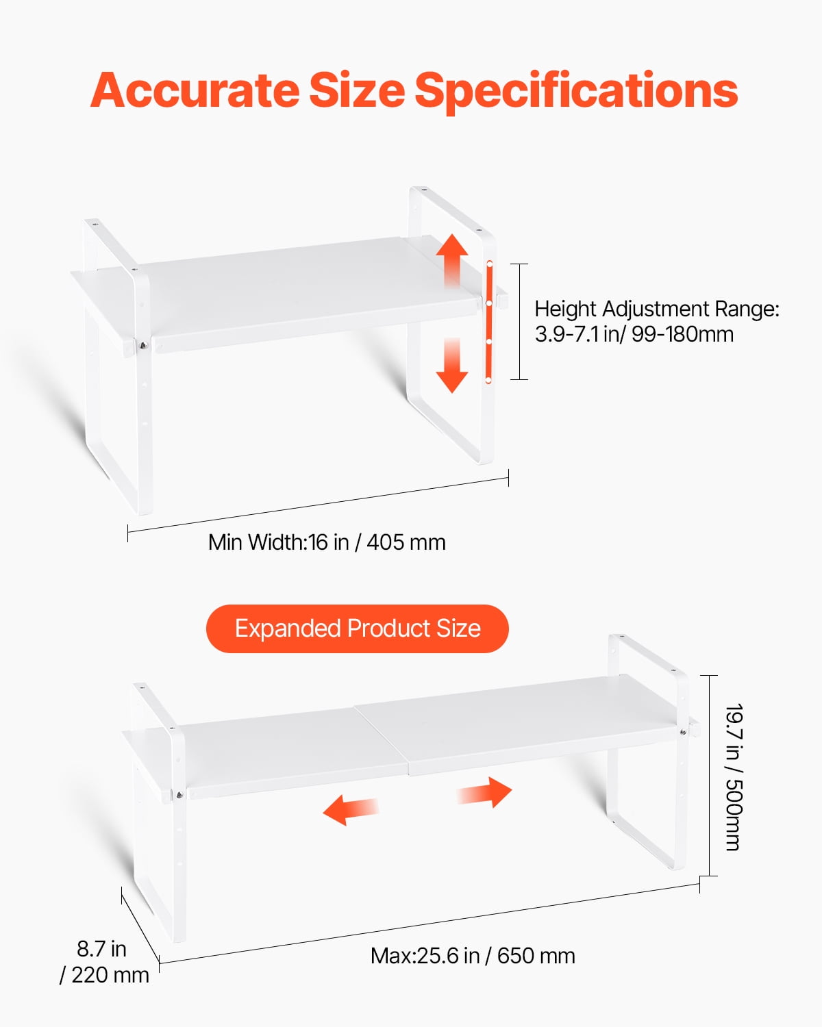 VEVOR Adjustable Kitchen Cabinet Shelf Organizer, Expandable 2 Tier Cabinet Shelf, Stackable Countertop Organizers and Storage Shelf Risers, Pantry Organizers for Kitchen Bathroom Office, White