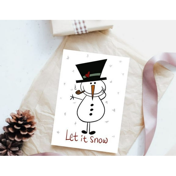 Let it Snow Greeting Card – Adorable Snowman Design with Hat and Pipe – Blank Inside for Personal Messages – Ideal for Winter Celebrations, Holidays, and Seasonal Greetings