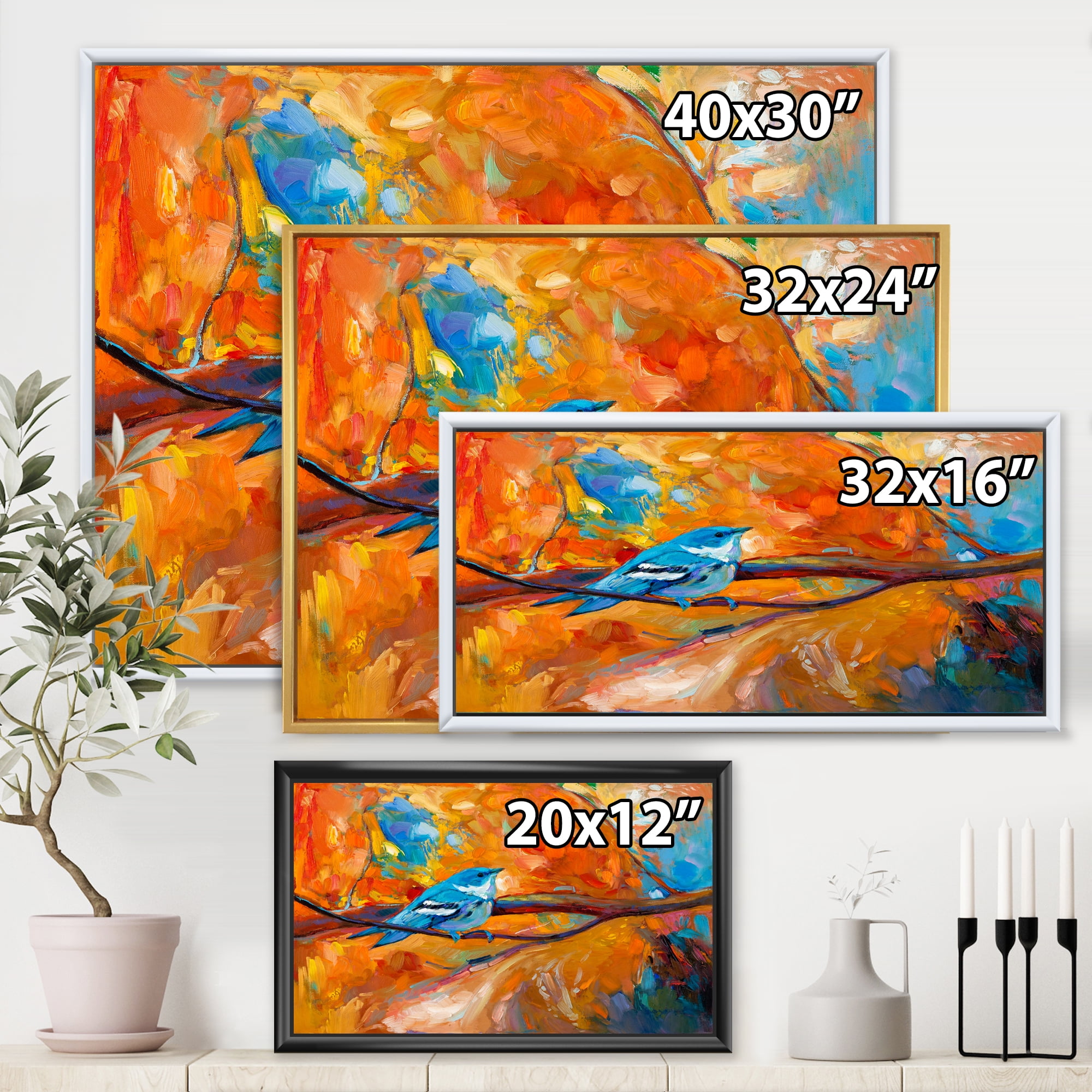 Blue Cerulean Warbler Bird Sitting On A Branch 32 in x 24 in Framed Painting Canvas Art Print, by Designart