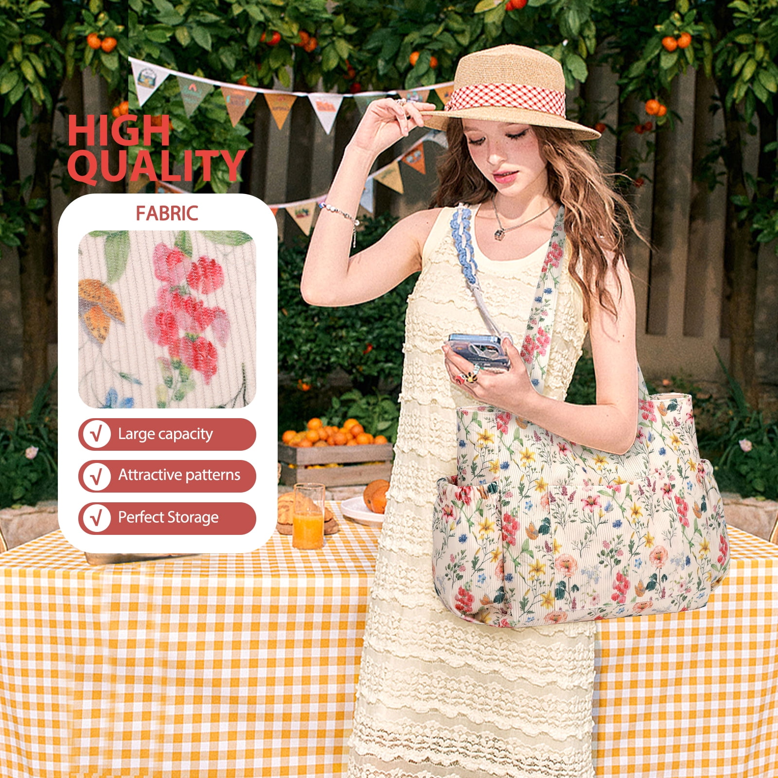 Gocvo Multiple Pockets Corduroy Bag, Large Tote Bag for Women, Ladies Bag Casual Hobo Handbags(Retro Flower)