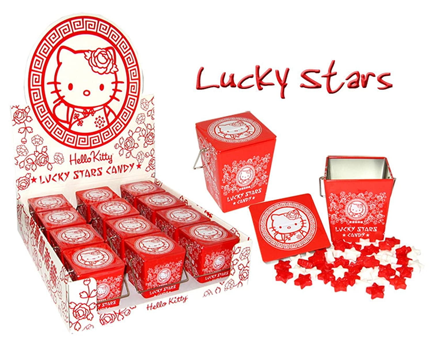 Hello Kitty Lucky Stars Take Out Container with Lucky Stars Candy, 1.5 Ounce Tin 12 Count