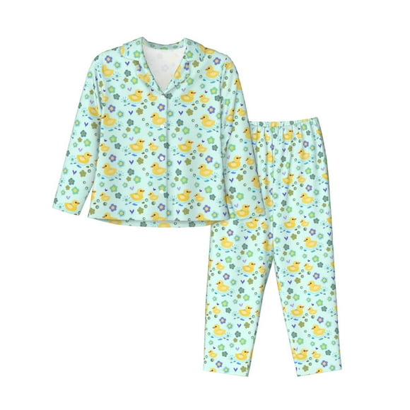 Xecao Duck Cartoon for Women's Long-Sleeved Pajama Set with Button Front and Pockets Soft Lounge Sleepwear for Home Relaxation-Medium
