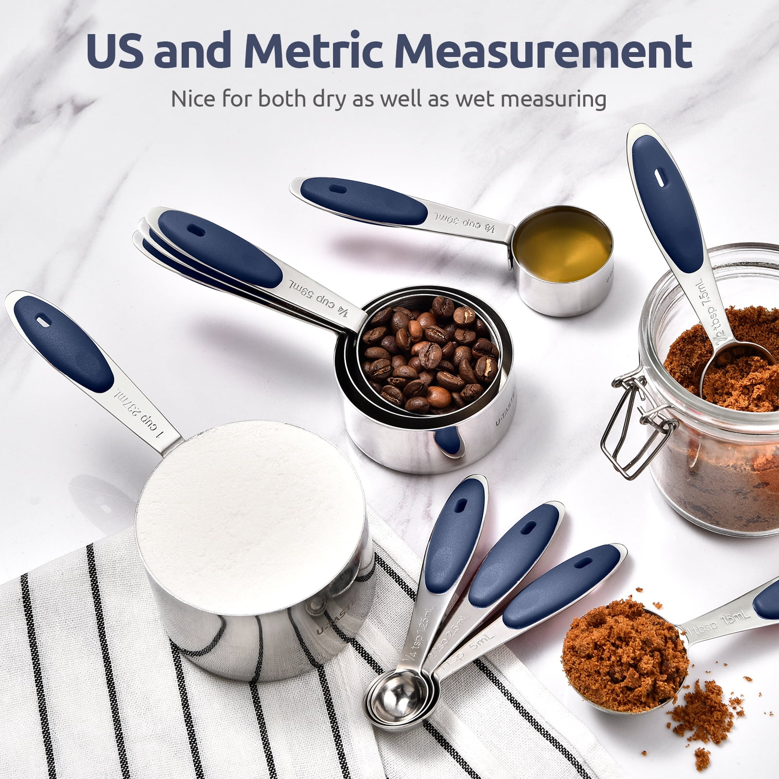 U-Taste 18/8 Stainless Steel Measuring Cups and Spoons: 10-Pcs Metal Stacking Measure Set for Baking Cooking with Strengthened Welds (Midnight Blue)