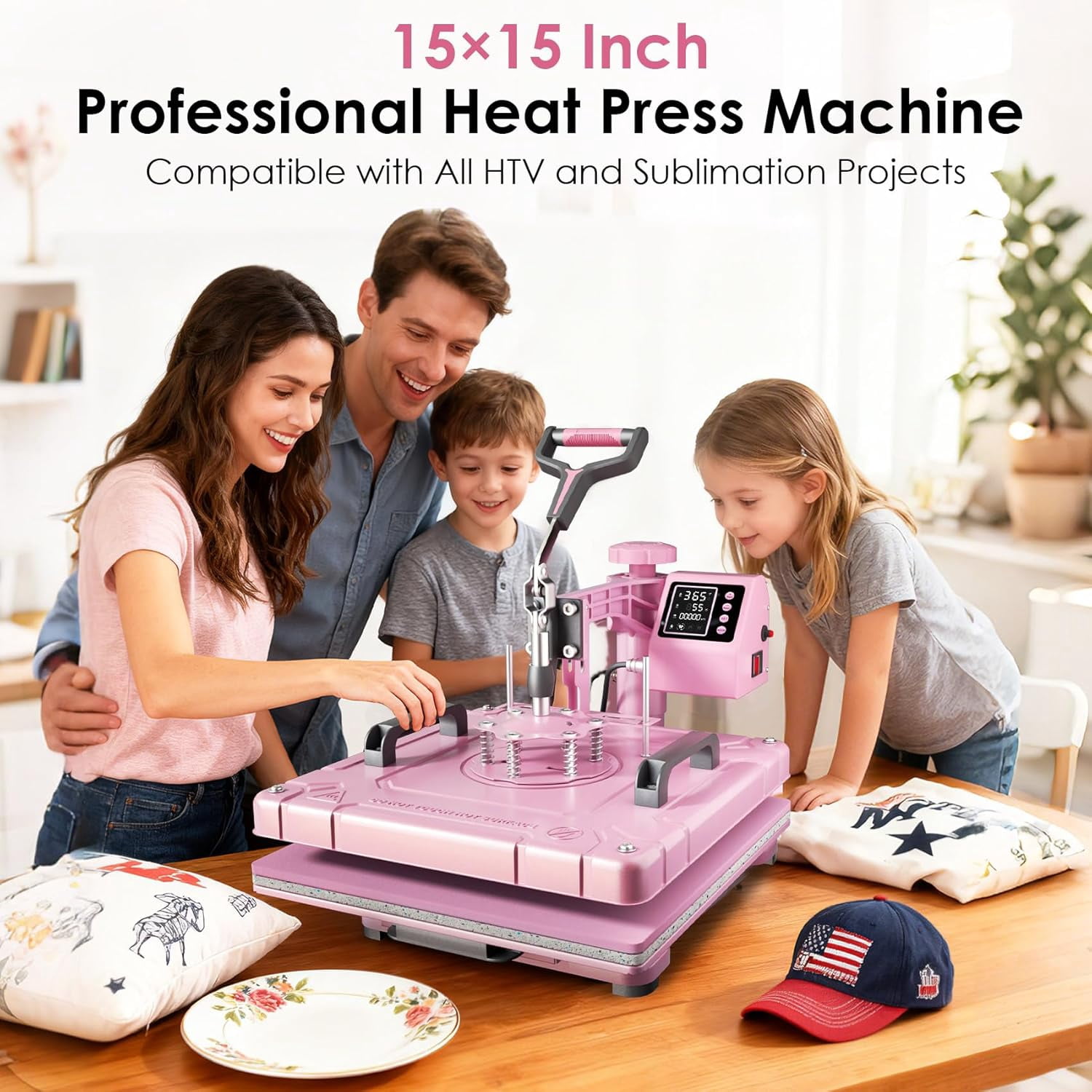 DKMOCO 8 in 1 Heat Press Machine with 30OZ Tumbler press, 15"x15" 360-Degree Swing Away Digital Heat Transfer Sublimation for Mugs Hat Plate Cap T Shirts,Pink