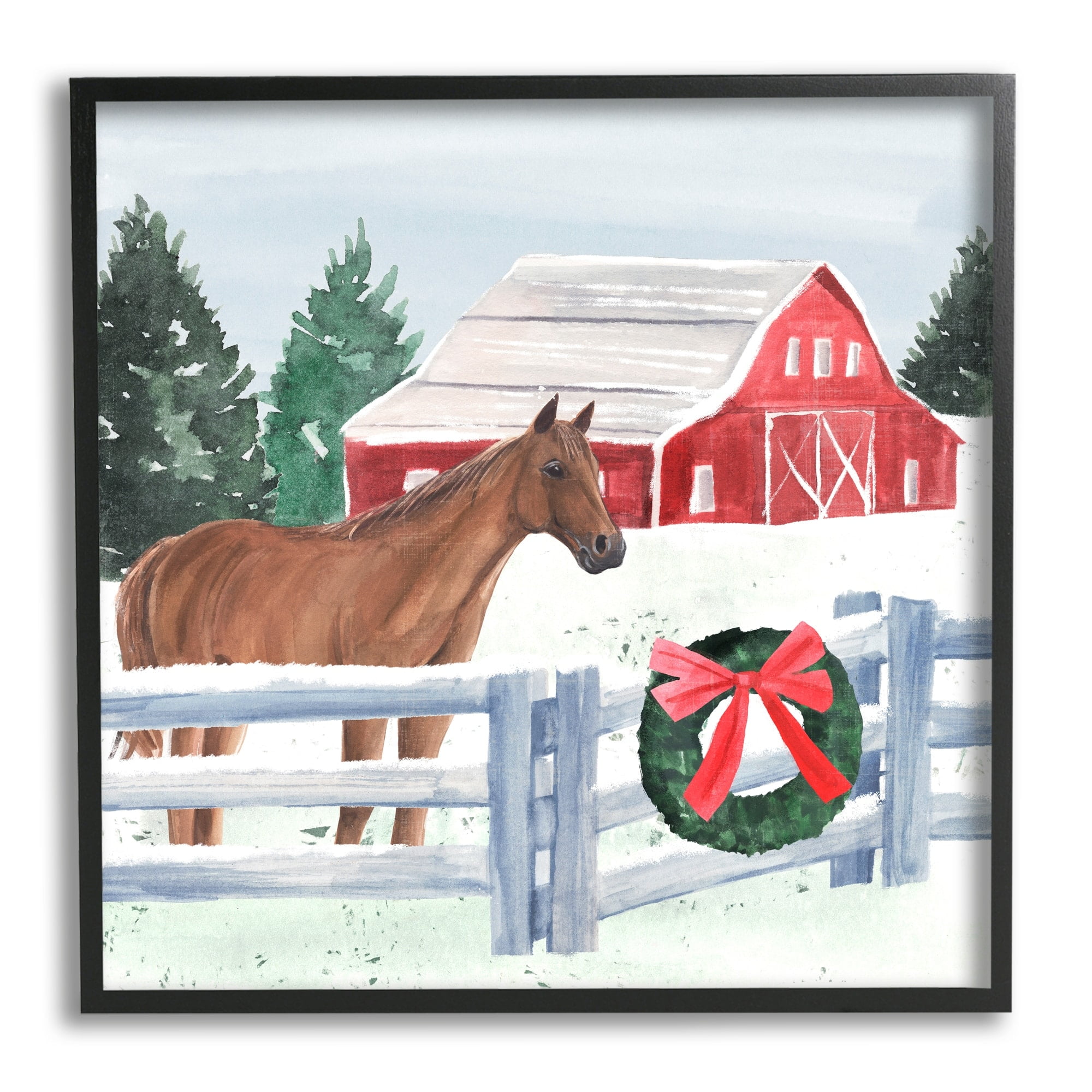 Charming Red Snowy Barn Horse Standing Winter Scene Animals & Insects Painting Framed Art Print Wall Art