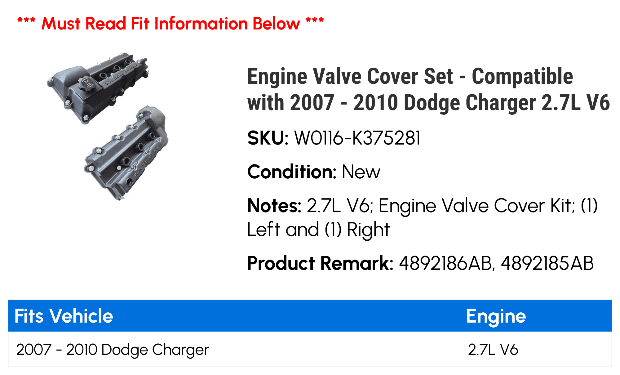 Engine Valve Cover Set Compatible with 2007 2010 Dodge Charger 2.7L V6  2008 2009