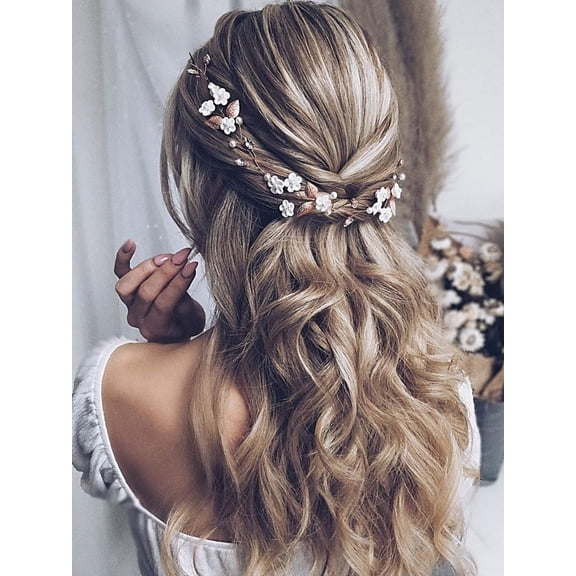 Bride Flower Wedding Hair Vine Crystal Hair Piece Pearl Bridal Headpiece Leaf Hair Accessories for Women and Girls HV103 (Rose Gold)