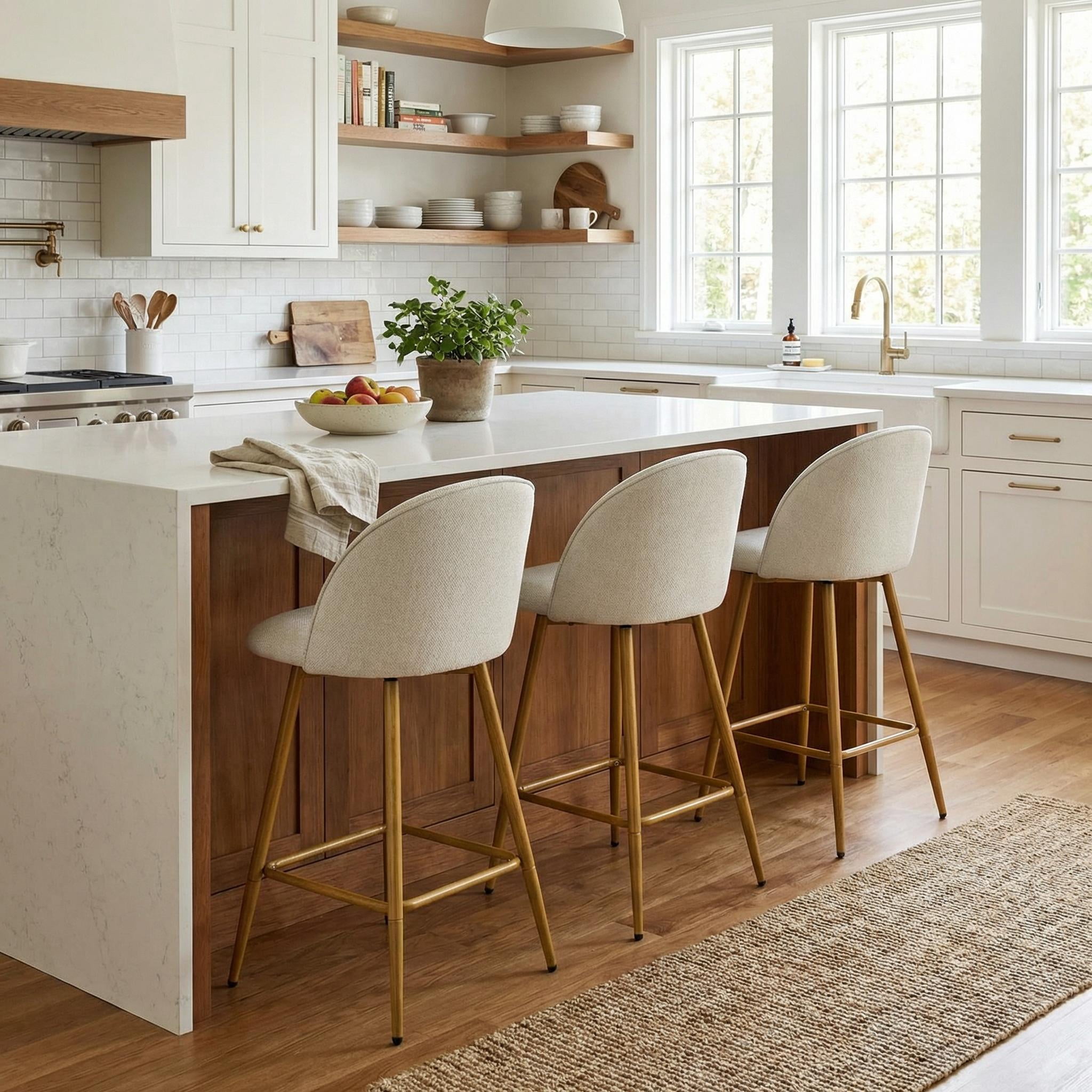 Homy Casa 26" Counter Height Bar Stool, 360° Swivel Upholstered Kitchen Island Chair, Beige