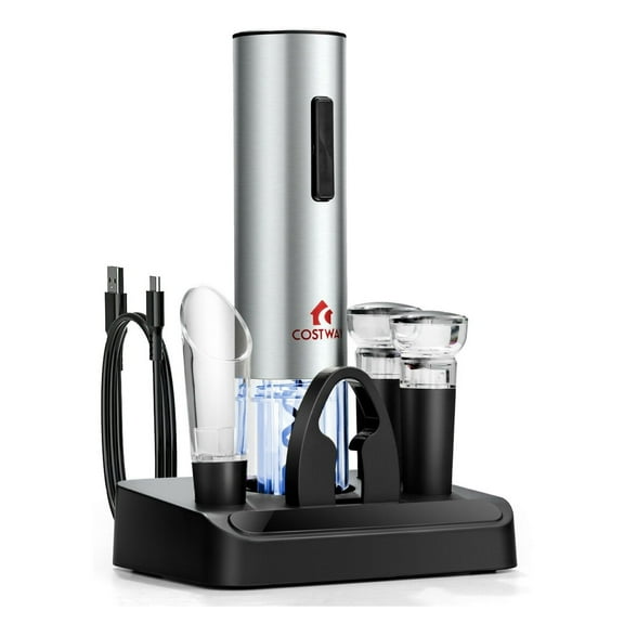 Electric Wine Opener Set 6 in 1, Cordless Wine Bottle Opener with Foil Cutter, Pourer, Stoppers & Base - Wine Gift for Lovers