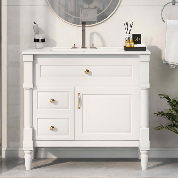 MAYEERTY 24" Bathroom Vanity with Sink Solid Wood MDF 2 Drawers 1 Door Adjustable Shelf Black