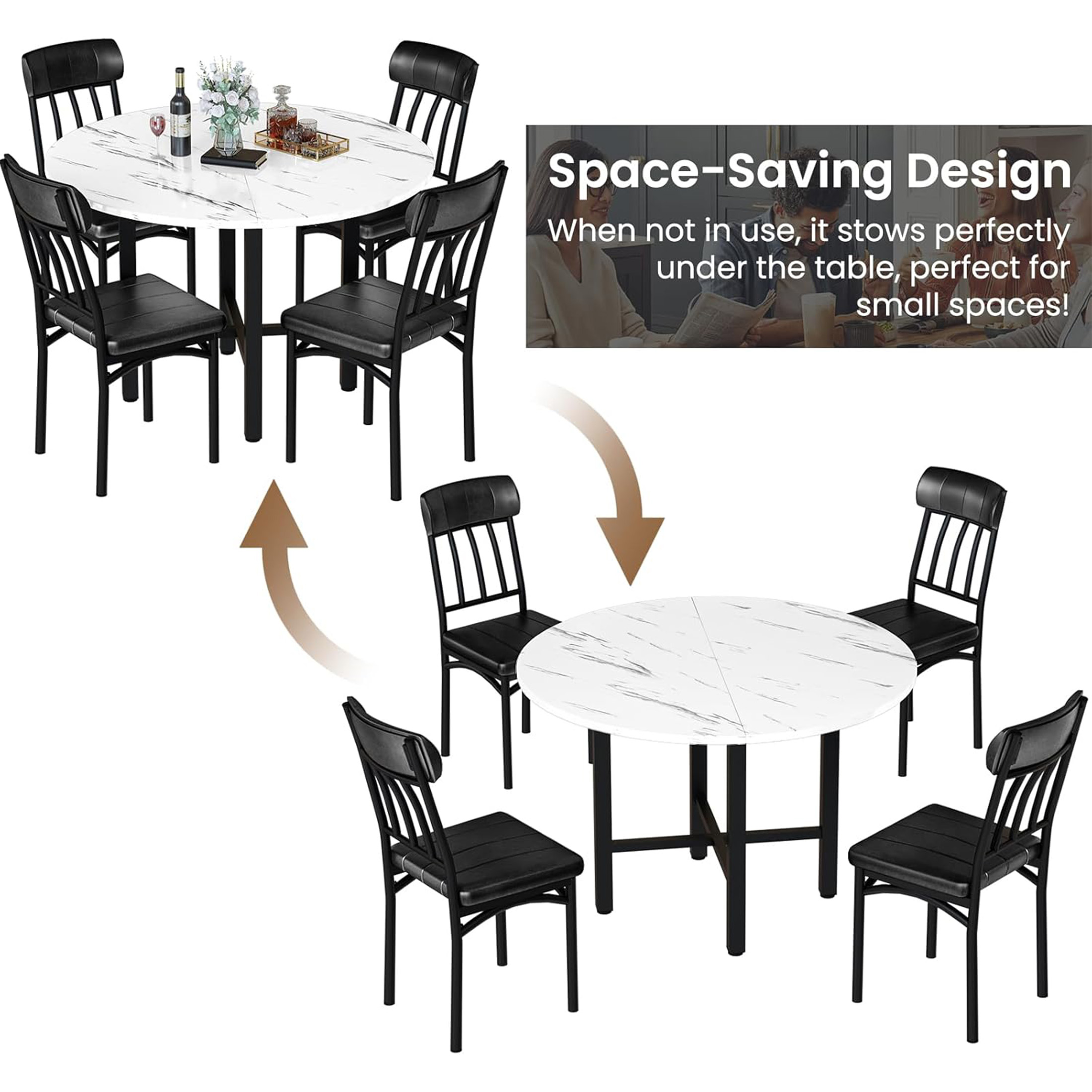 LinkRomat Round Dining Table Set for 4, Modern Dining Room Sets with 4 Faux Leather Chairs, Kitchen Dinner Faux Marble Table & Chair Set for Small Space, White