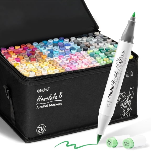 Ohuhu 216-Color Alcohol Markers, Dual Tip Brush & Fine, Refillable Art Marker Set for Adults & Artists