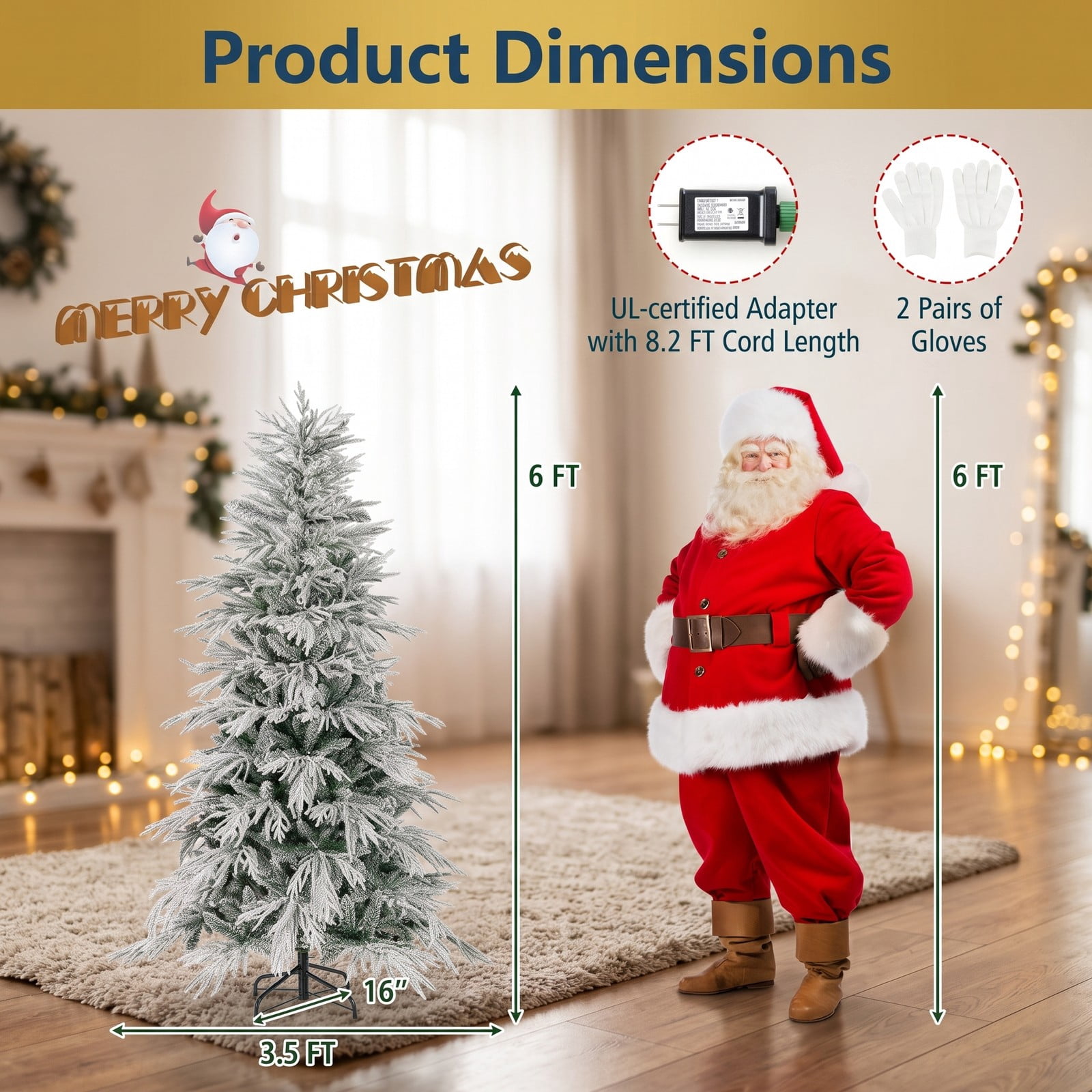RUIE 6 Feet Pre-Lit Snow Flocked Artificial Christmas Tree with 250 Warm White LED Lights, Hinged Xmas Pine Tree with Foldable Metal Stand for Indoor, Green & White