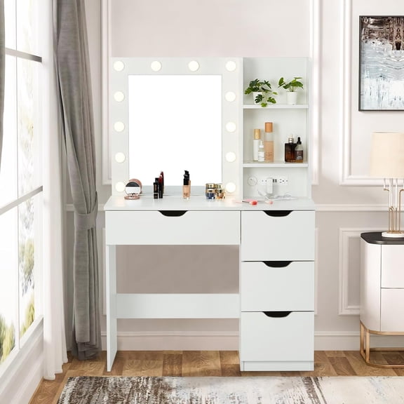 Vanity Desk Table with Mirror/Charging Station/3 Lighting Modes Adjustable Brightness Lights - Makeup Vanity for Bedroom Dresser with 4 Storage Drawers Cabinet/2 Storage Shelves - White