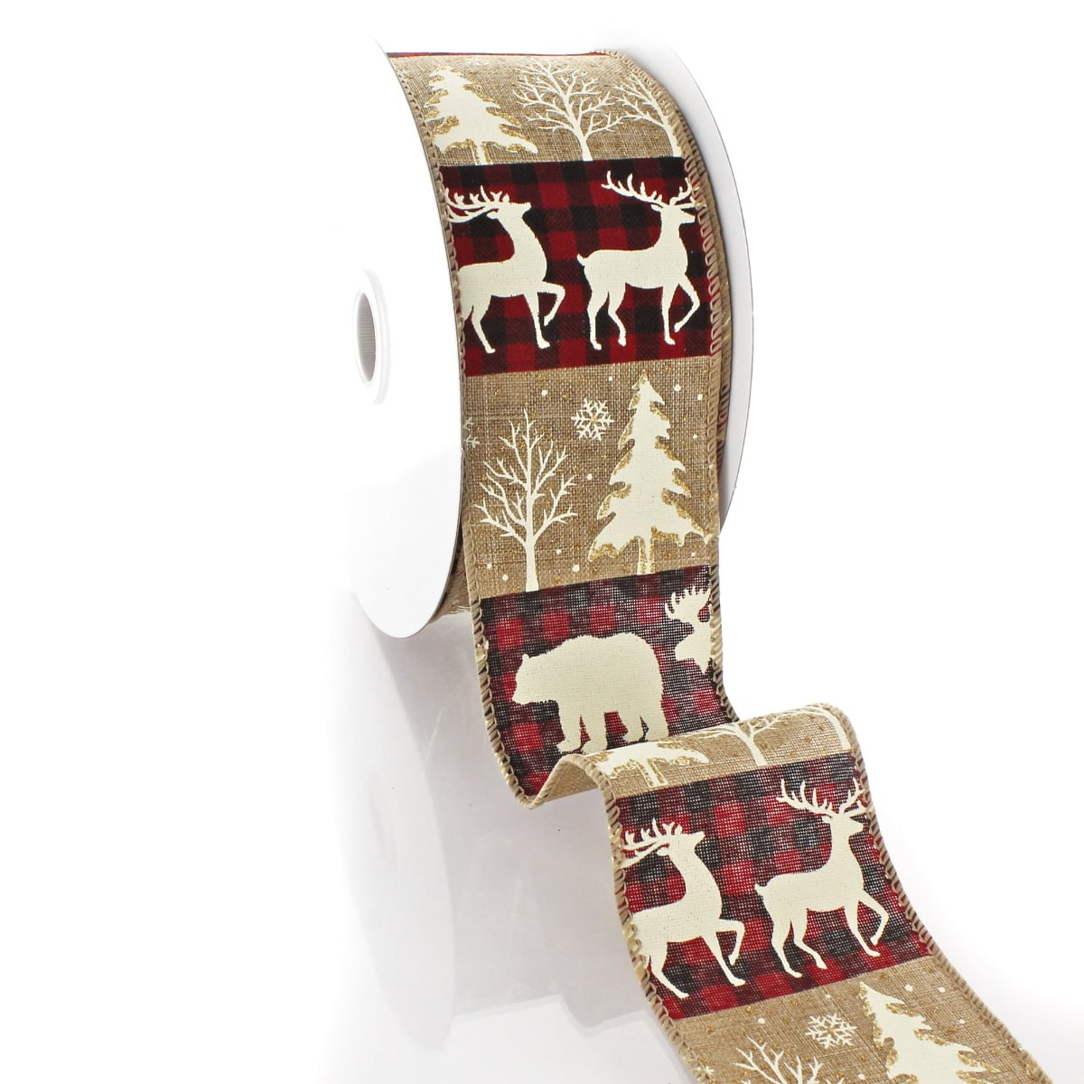 Ribbon Traditions Buffalo Plaid Moose/Trees on Natural Wired Ribbon 2 1/2" by 10 Yards