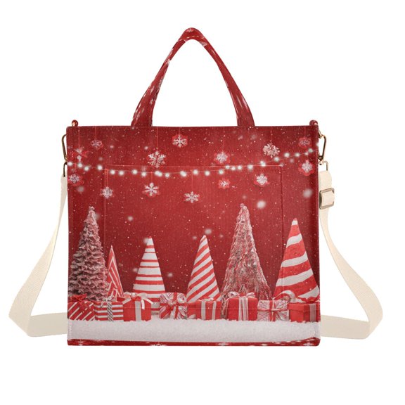 Corduroy Tote Bag for Women Shoulder Handbags Fashion Ladies Purses Satchel Messenger Bags Red Christmas Tree and Lights S
