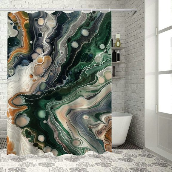 Orinice Ambesonne Olive Green Shower Curtain, Contemporary Abstract Swirling Lines and Roundy Details Marble Print, Cloth Fabric Bathroom Decor Set with Hooks, 36x72