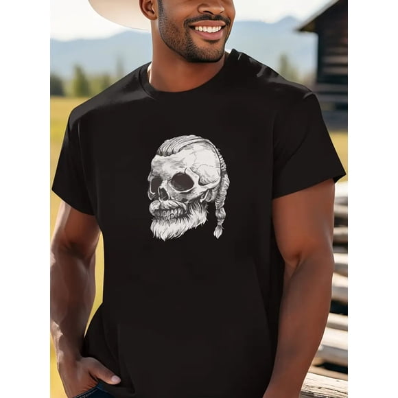 Men's Casual Short Sleeve T-Shirt with Skull Print, Daily Wear Sport Style, Regular Fit, Novelty Tee, Fashionable and Co