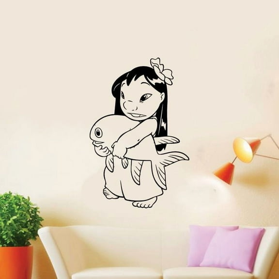 Lilo Hugging Fish Cute Lilo and Stitch Disney Cartoon Wall Sticker Art Decal for Boys Girls Room Bedroom Kindergarten Nursery House Fun Home Decors Stickers Wall Art Vinyl Decoration Size (40x24 inch)
