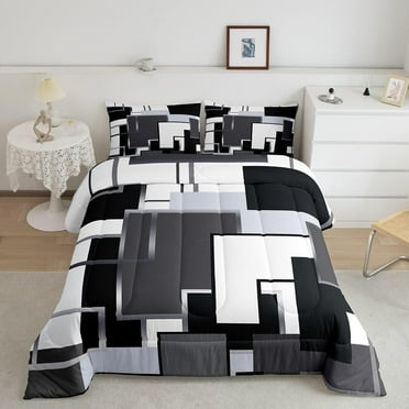 Geometric Comforter Sets Full Black and White Bedding Set Teens Youth,Modern Ombre Quilt Set Soft,Mid Century Square Duvet Insert with 2 Pillow Sham Lightweight Warm