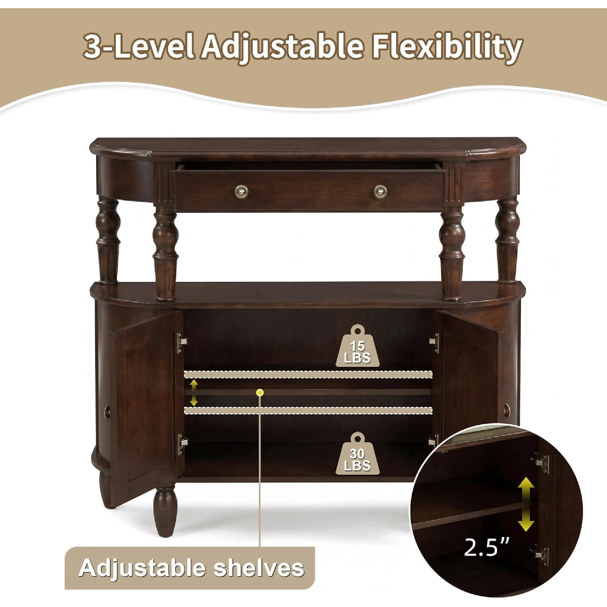 LKTART Reston Curved Console Table with 2-Door Cabinet and Drawer, Solid Wood Legs Half Moon Entryway Table with Adjustable Shelf, Walnut