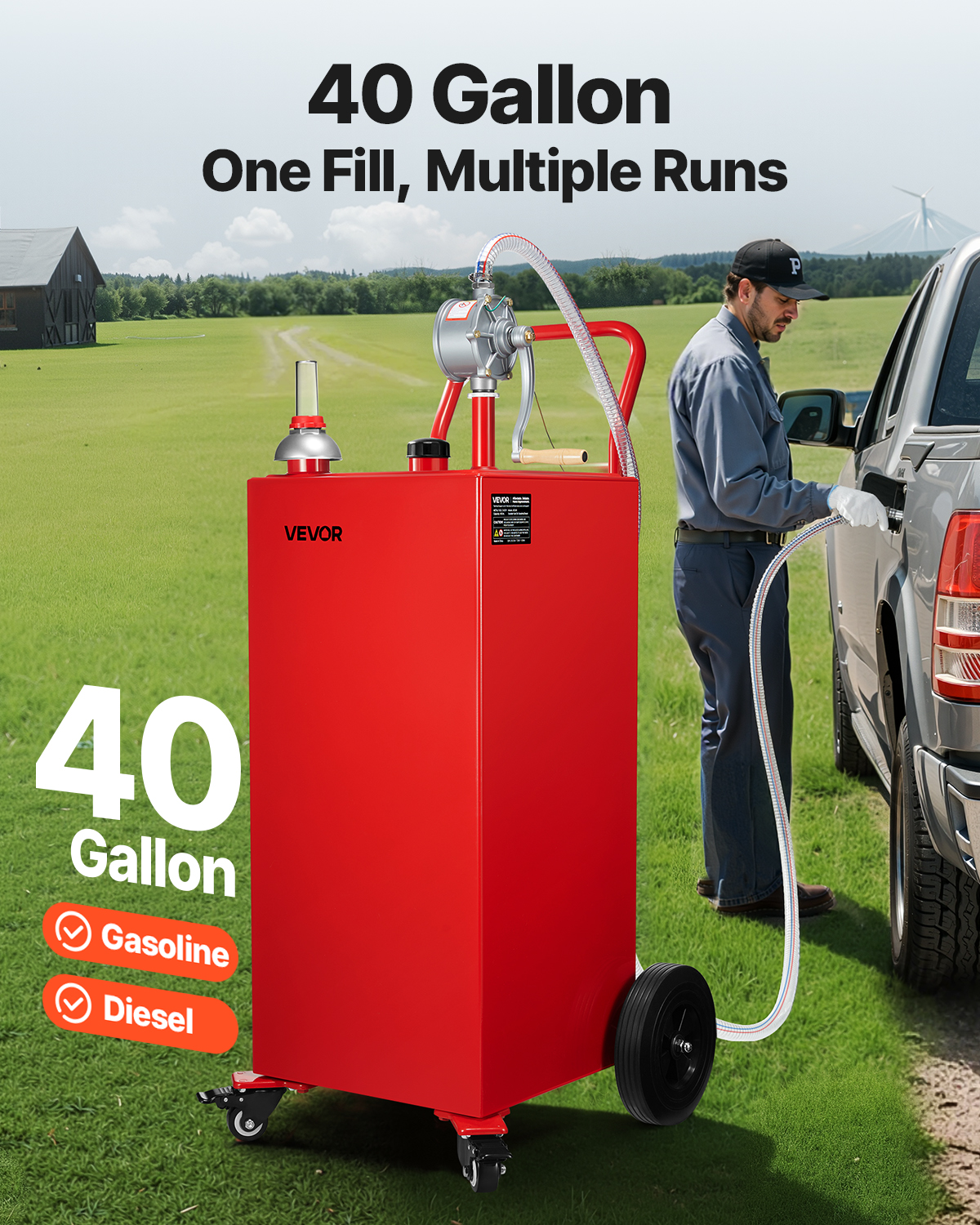 VEVOR 40 Gallon Fuel Caddy, Gasoline & Diesel Fuel Tank with Manual Transfer Pump, Portable Fuel Storage Tank with 4 Wheels & 10 ft Hose, Gas Caddy for Cars, Lawn Mowers, ATVs, Boats, More, Red