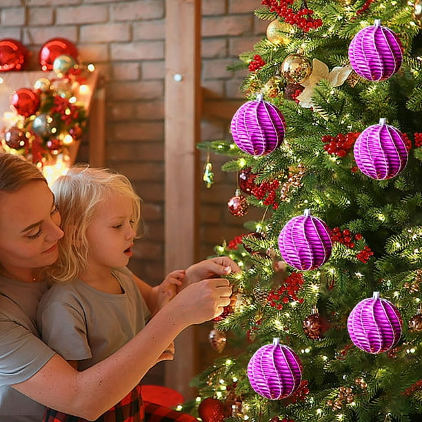 Juego de adornos de árbol de Navidad de 8 piezas | Bolas de Navidad Flocadas 8cm Espuma | Oro, Rojo, Café, Morado | Decoración navideña ligera e irrompible | Decoraciones colgantes multicolores para