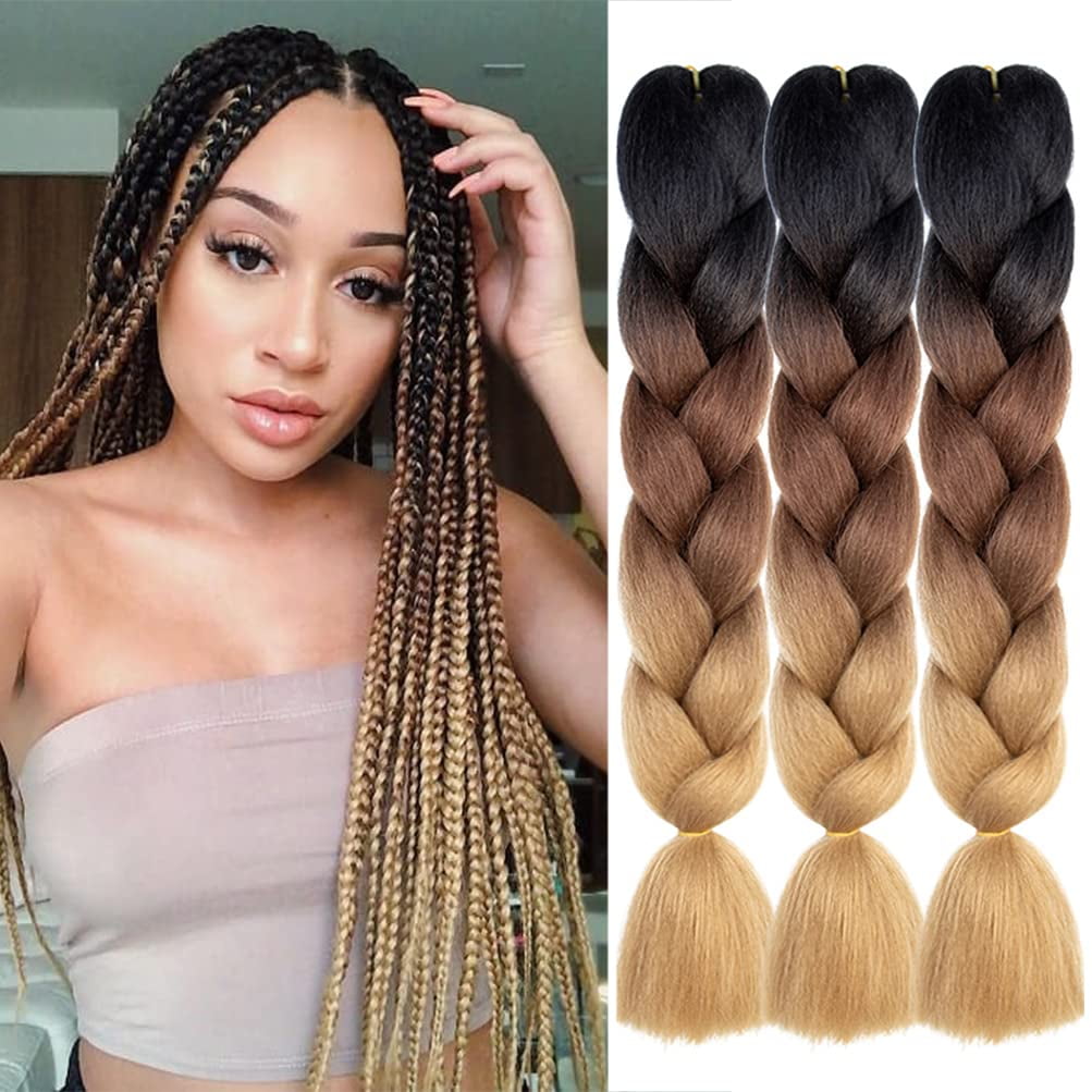 Ombre Brown Braiding Hair Extensions 24 Inch 3 Packs Synthetic High