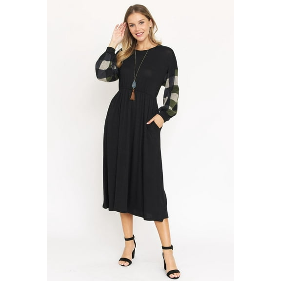 Olive Navy Checker Plaid Bishop Sleeve Midi Dress