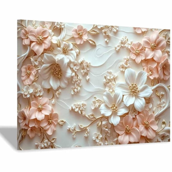 Mudket Pink White Flowers with Gold Accents Canvas Wall Art, Framed Floral Print, Ready to Hang Wall Decor for Living Room Bedroom, Elegant Textured Artwork - 12"L x 8"W
