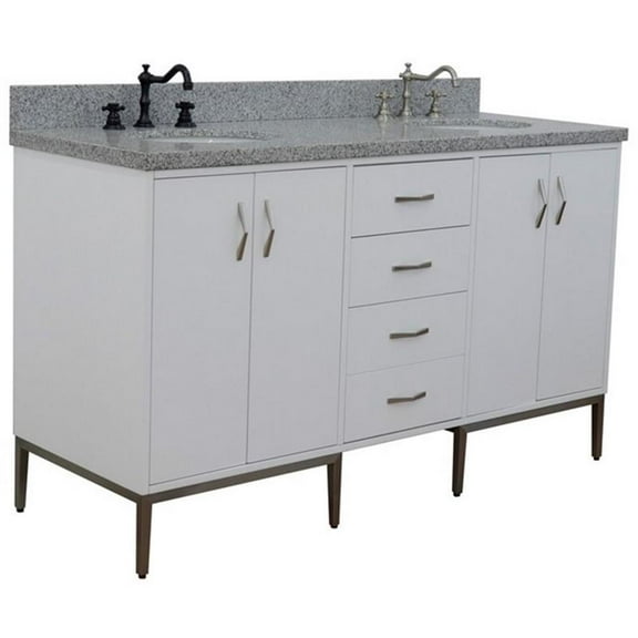 Tivoli 61" Double Oval Sink Solid Wood Vanity in White/Gray Granite Stone