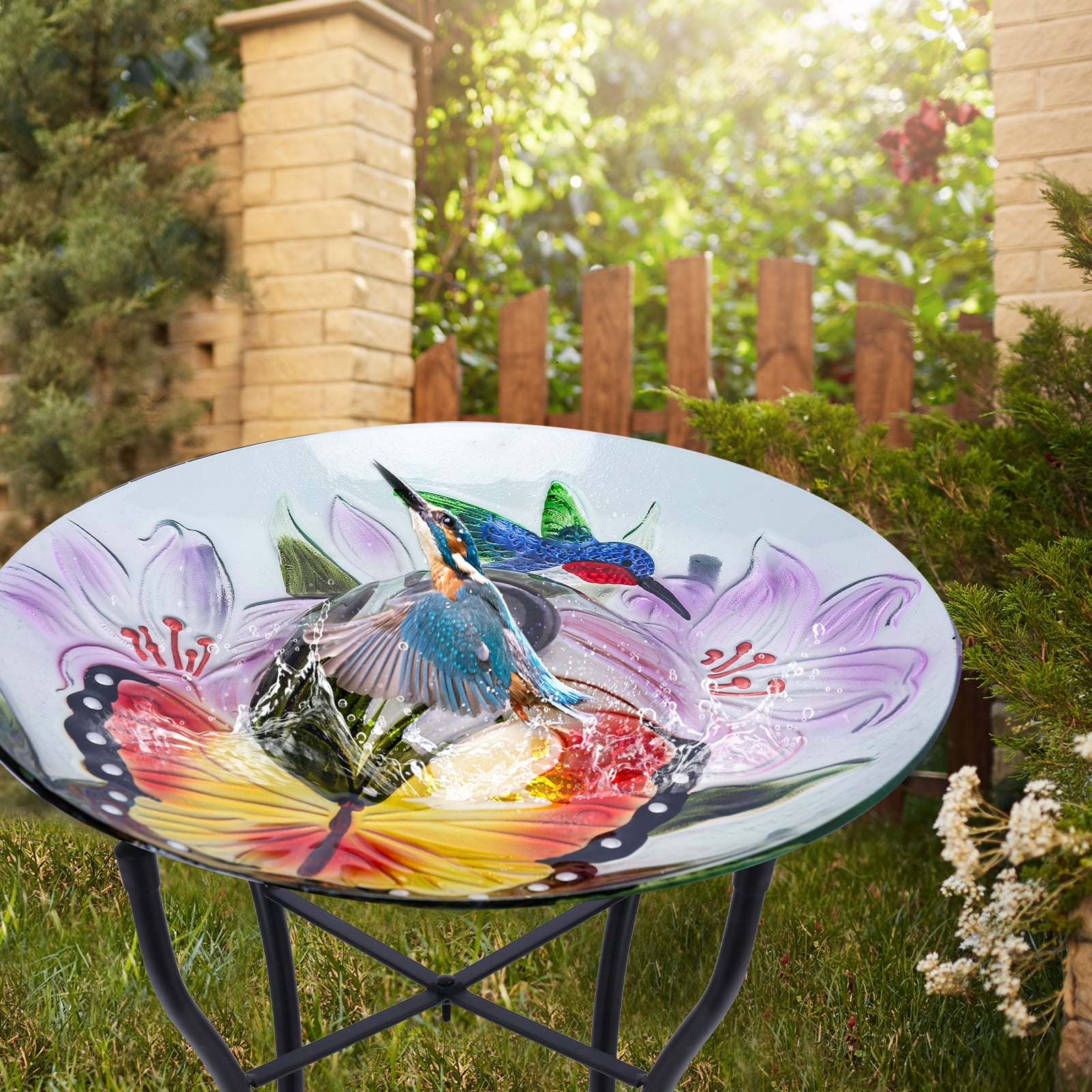 Outdoor Bird Bath, Solar Bird Bath, Butterfly Pattern, With Metal Stand, Attracts Birds, For Garden,Lawns,Patio