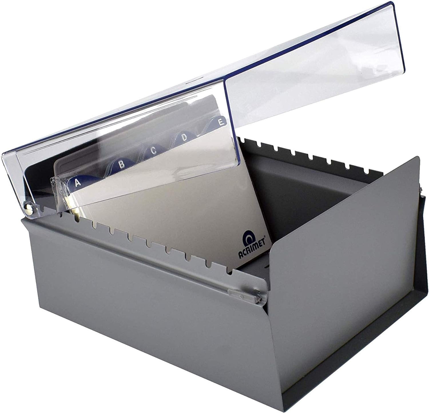 Acrimet 5 X 8 Card File Holder Organizer Box Metal Base Heavy Duty (AZ Index Cards and Divider Included) (Gray Color with Clear Crystal Plastic Lid Cover)