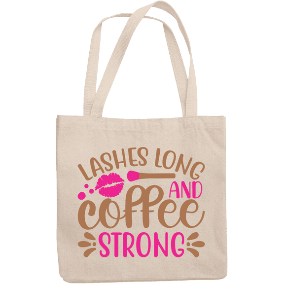 12oz Canvas Tote Bag - Lashes Long and Coffee Strong with Pink Lipstick Mark Design - Beauty Themed Merch for Makeup Artist or Cosmetologist, Gift for Makeup Lovers & Beauticians
