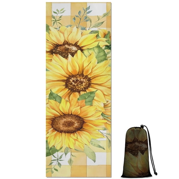 Yellow Checker Sunflower Bouquet Pattern Hot Yoga Mat Towel Non Slip for Hot Yoga - Quick-Drying Yoga Mat Cover with 4 Corner Pockets with Travel Bag - Hot Yoga Towel Non Slip 70"x26"