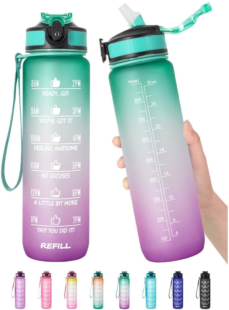 Reusable for Kids Outdoors Camping Hiking Cycling Fitness Yoga Gym Flip Nozzle,No Leak,Non-Toxic BPA Free Sports Straw Water Bottles with Time Marker BOGI 30oz Motivational Water Bottle 