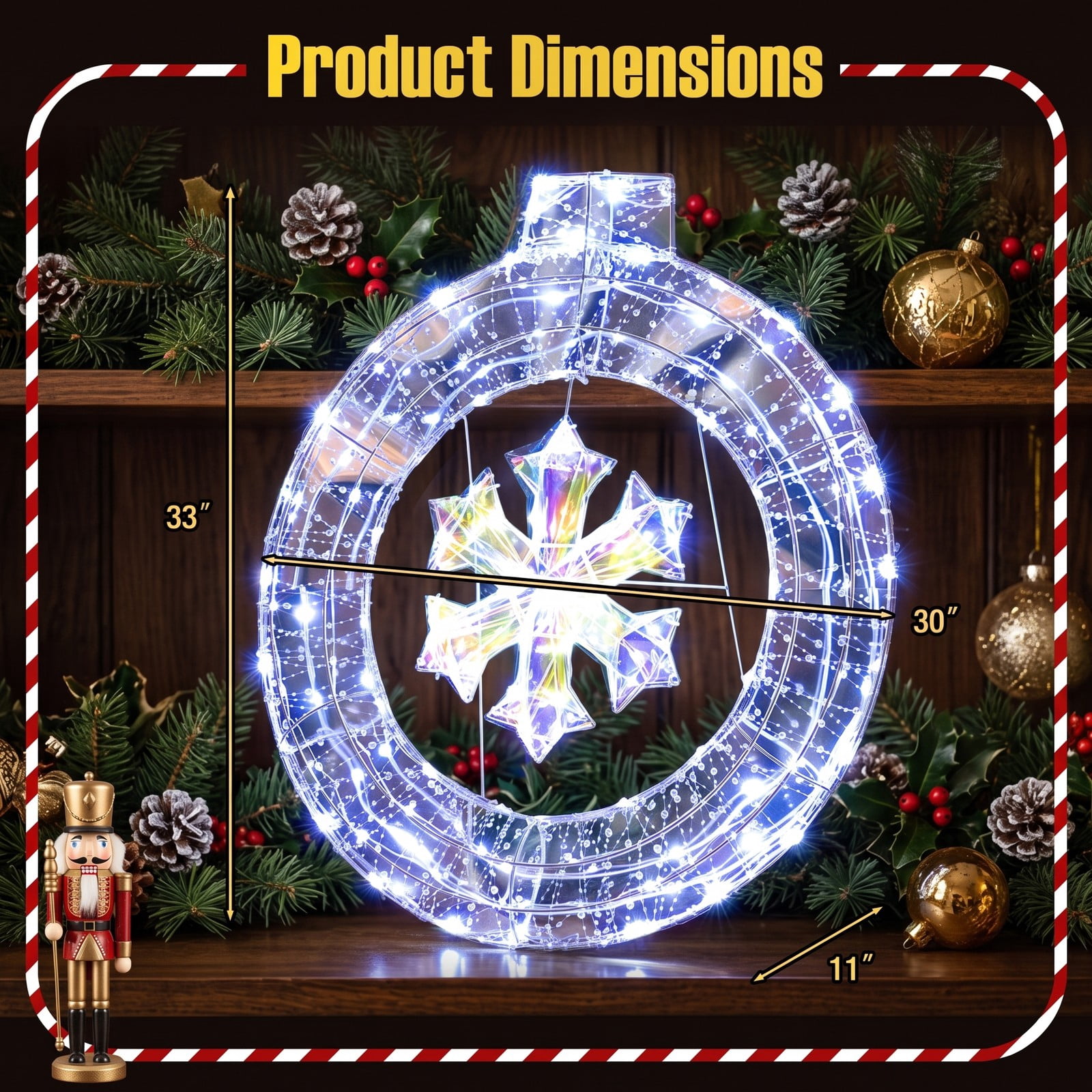 RUIE 33 Inch Lighted Christmas Snowflake Ornament with 128 Cold White LED Lights, Hanging Ring and Support Bracket for Indoor Outdoor Holiday Door Decoration, Cold White