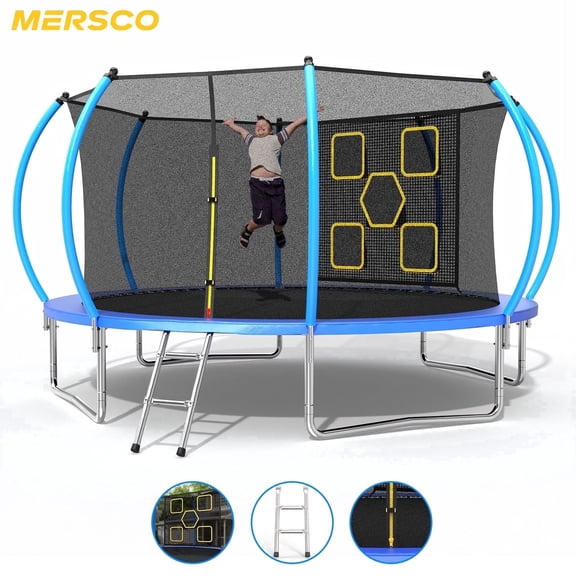 Mersco 12FT Trampoline for Kids with Mulifunctional Target Cloth,Outdoor Recreational Trampolines with Enclosure Net, Ladder,Jumping Trampoline SPACE for Kid Birthday and Festival Gift,Blue