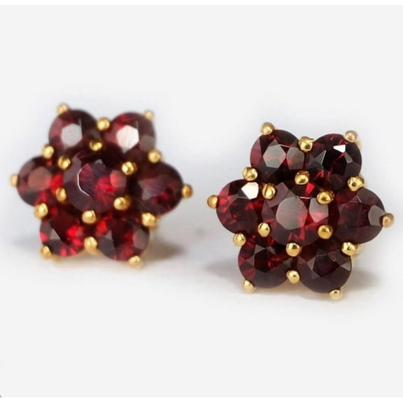 BENZ Natural Garnet Flower Stud Earrings, 925 Sterling Silver January Birthstone Red Garnet Earrings for Women