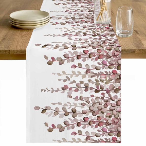 Brown Eucalyptus Leaves Table Runner - 70 Inch Long Spring Leaves Plants Country Cotton and Linen Blended Dress Scarves Farmhouse Table Runner for Kitchen Dining, Coffee Table, 13" x 70"