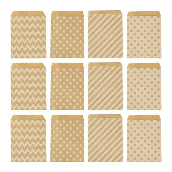 100pcs 4 Patterns Eco-Friendly Kraft Paper Bags No Handles for Food Storage Bags Gift Bags Shopping Bags with Diagonal Stripe/Star/Polka Dot/Wave Pattern 18x13cm 25pcs/pattern