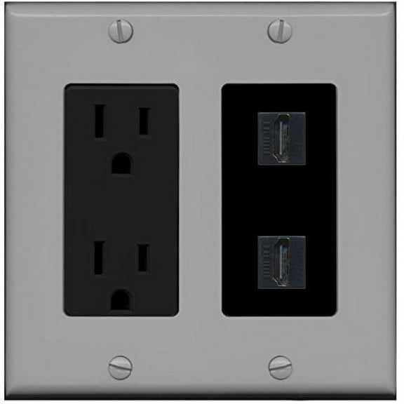 RiteAV - 15 Amp Power Outlet 2 Port HDMI Decorative Wall Plate - Gray/Black